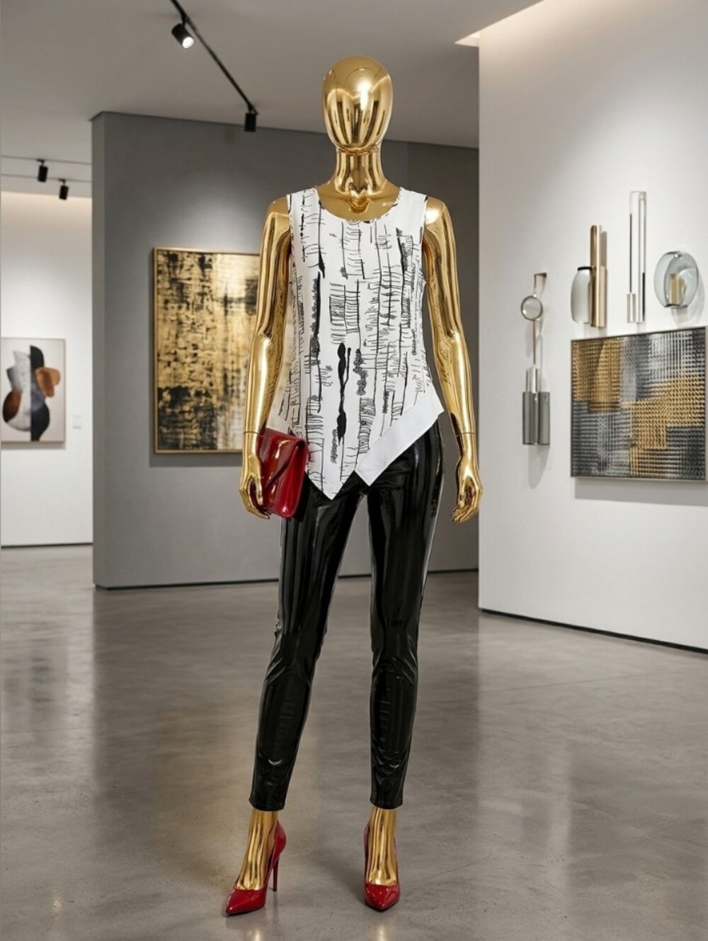 Vintage White Tank with Black Abstract Vertical Sketch Print